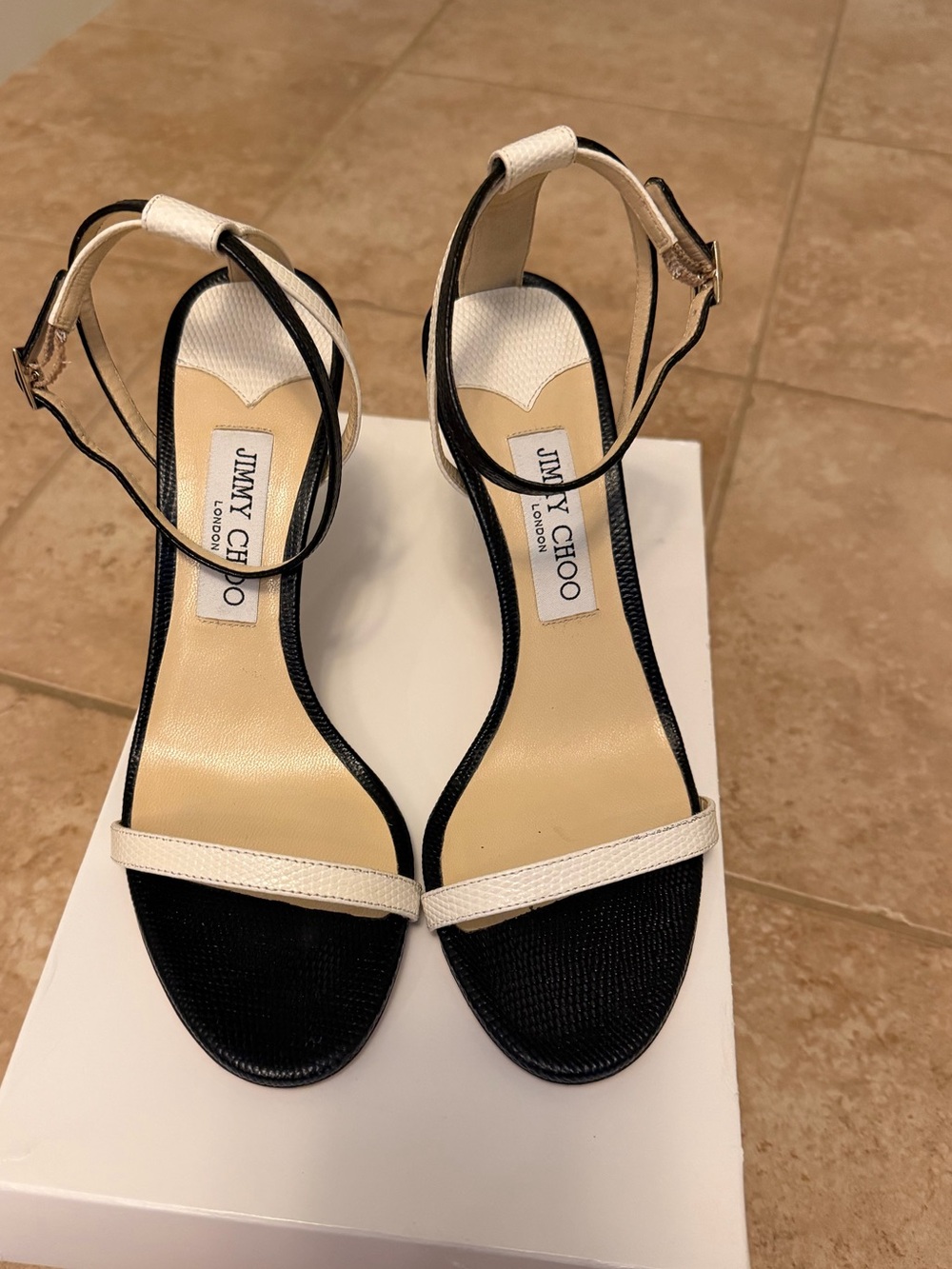 JIMMY CHOO women’s Minny 85 Black & White Lizard Embossed Sandals Size 39